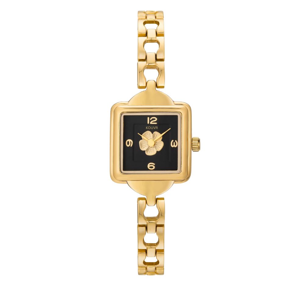 Gold kouvr watch with a black face on a white background