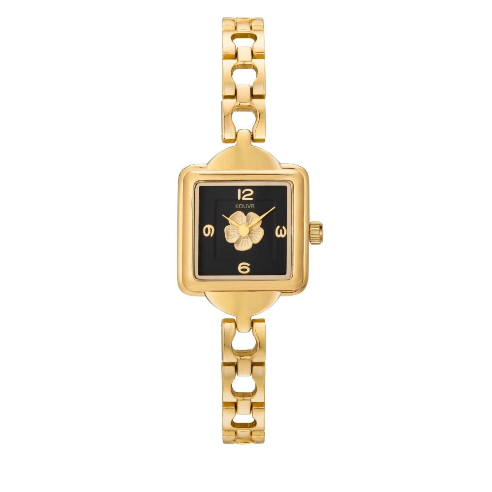 Gold kouvr watch with a black face on a white background