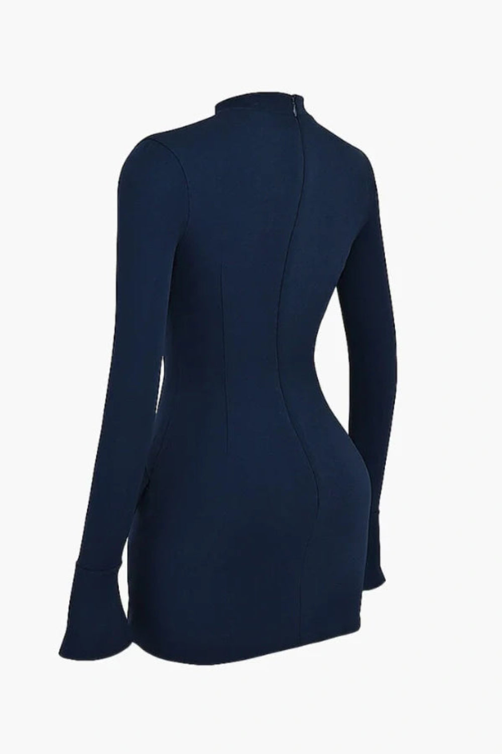Model wearing the Kouvr Florie long sleeve navy blue mock neck mini dress