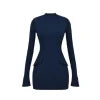 Model wearing the Kouvr Florie long sleeve navy blue mock neck mini dress