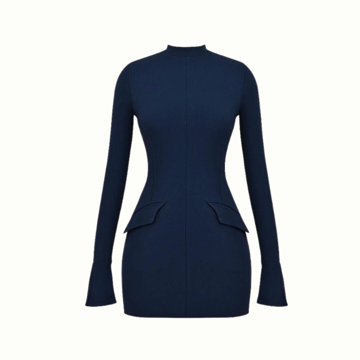 Navy Kouvr dress with long sleeves on a white background