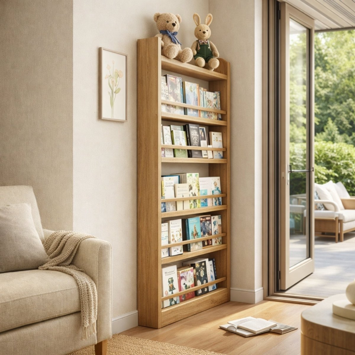 70-inch tall wooden wall shelving unit in a modern living room, filled with books and decor, showing flush-to-wall installation.