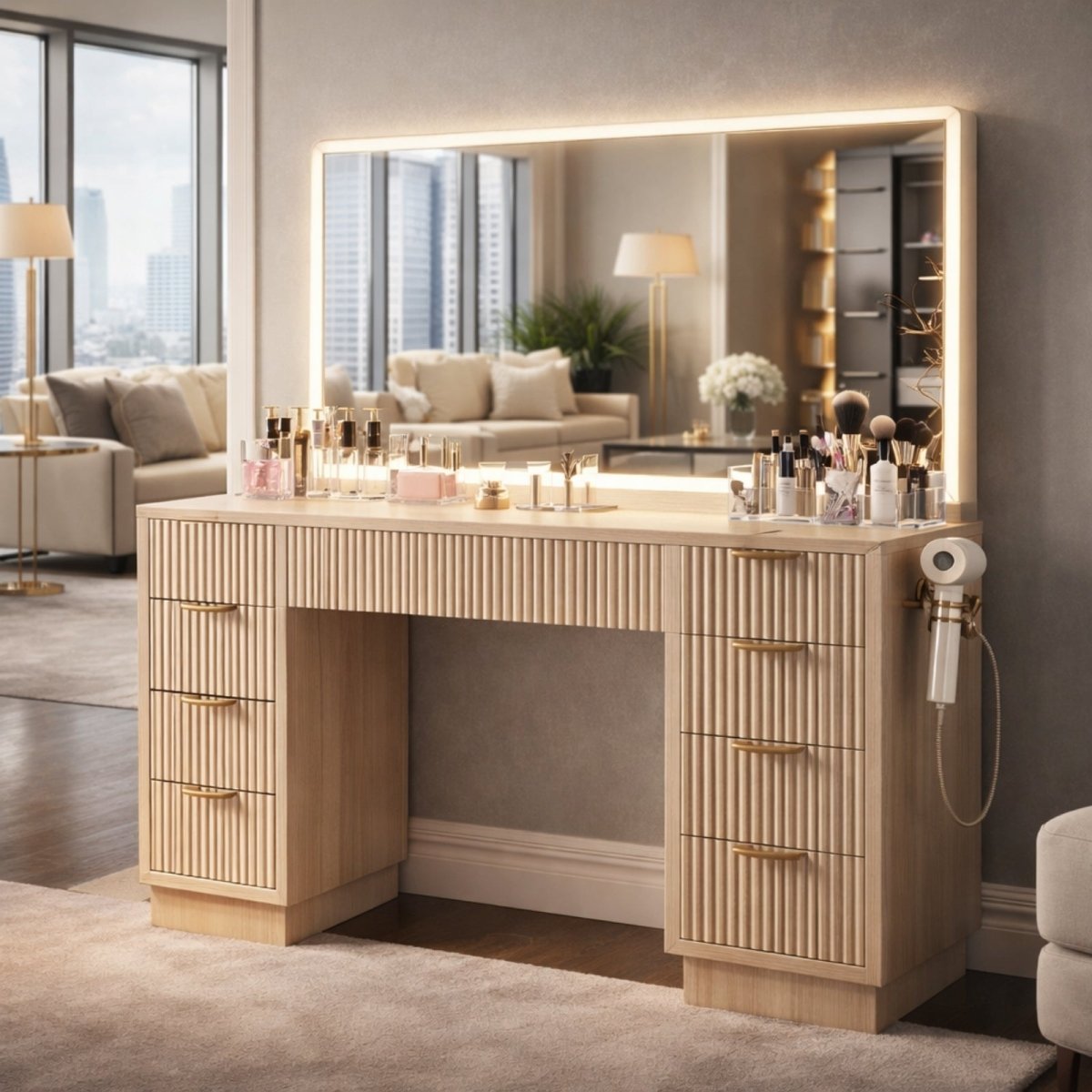 A light oak fluted wood makeup vanity with a large, illuminated LED mirror, set in a modern, luxurious bedroom with a view of a city skyline.