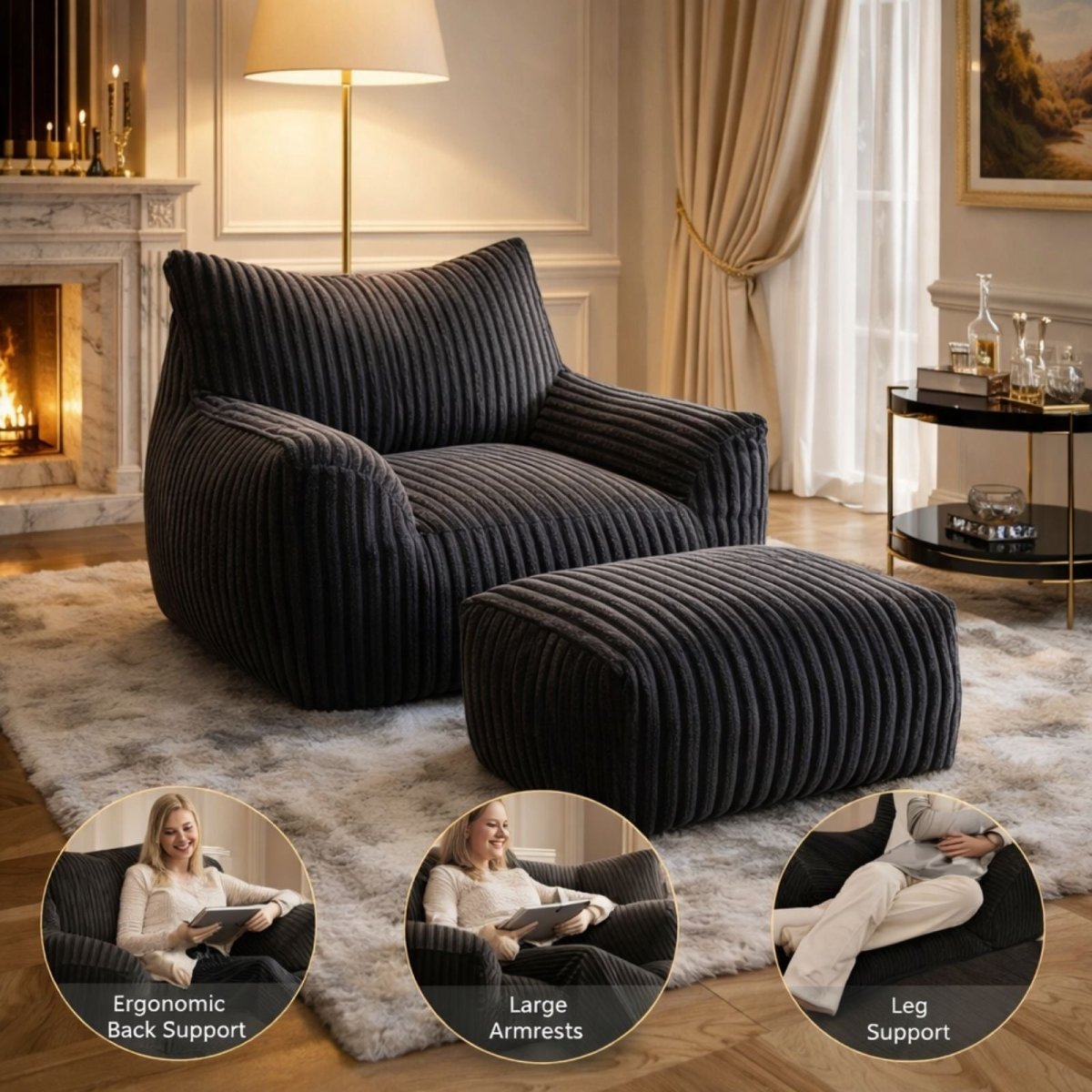Feature highlights of the Kouvr lounge chair, showing ergonomic back support, large comfortable armrests, and full leg support with the ottoman.