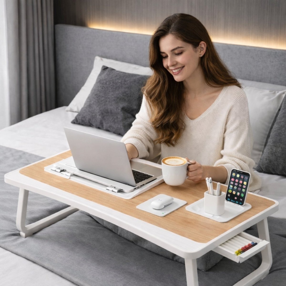 Woman smiling while working from bed using the Kouvr foldable lap desk, demonstrating the spill-proof cup holder with a latte and the stable surface for typing.