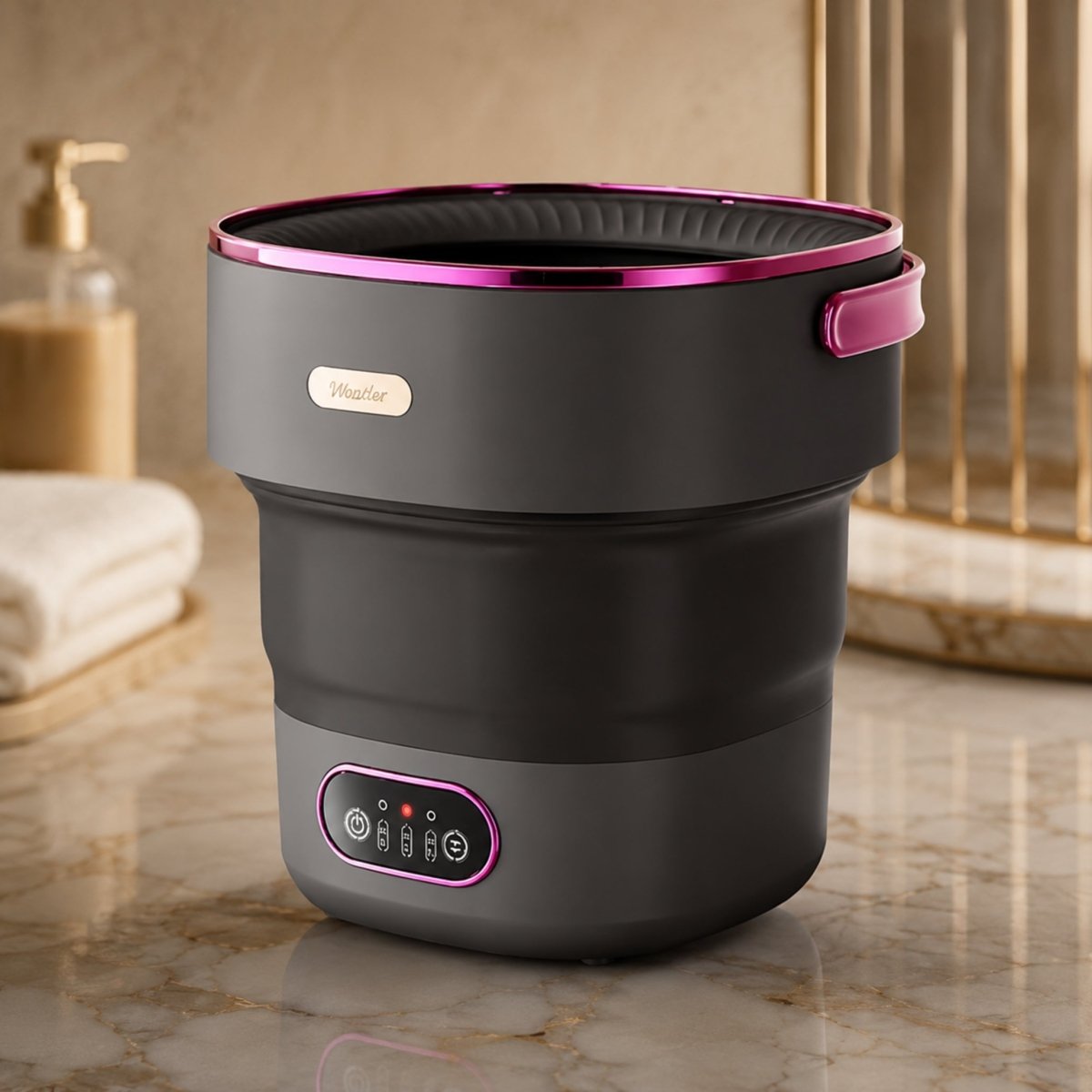 Kouvr dark grey and pink premium foldable portable mini washing machine resting on a luxury marble bathroom countertop.