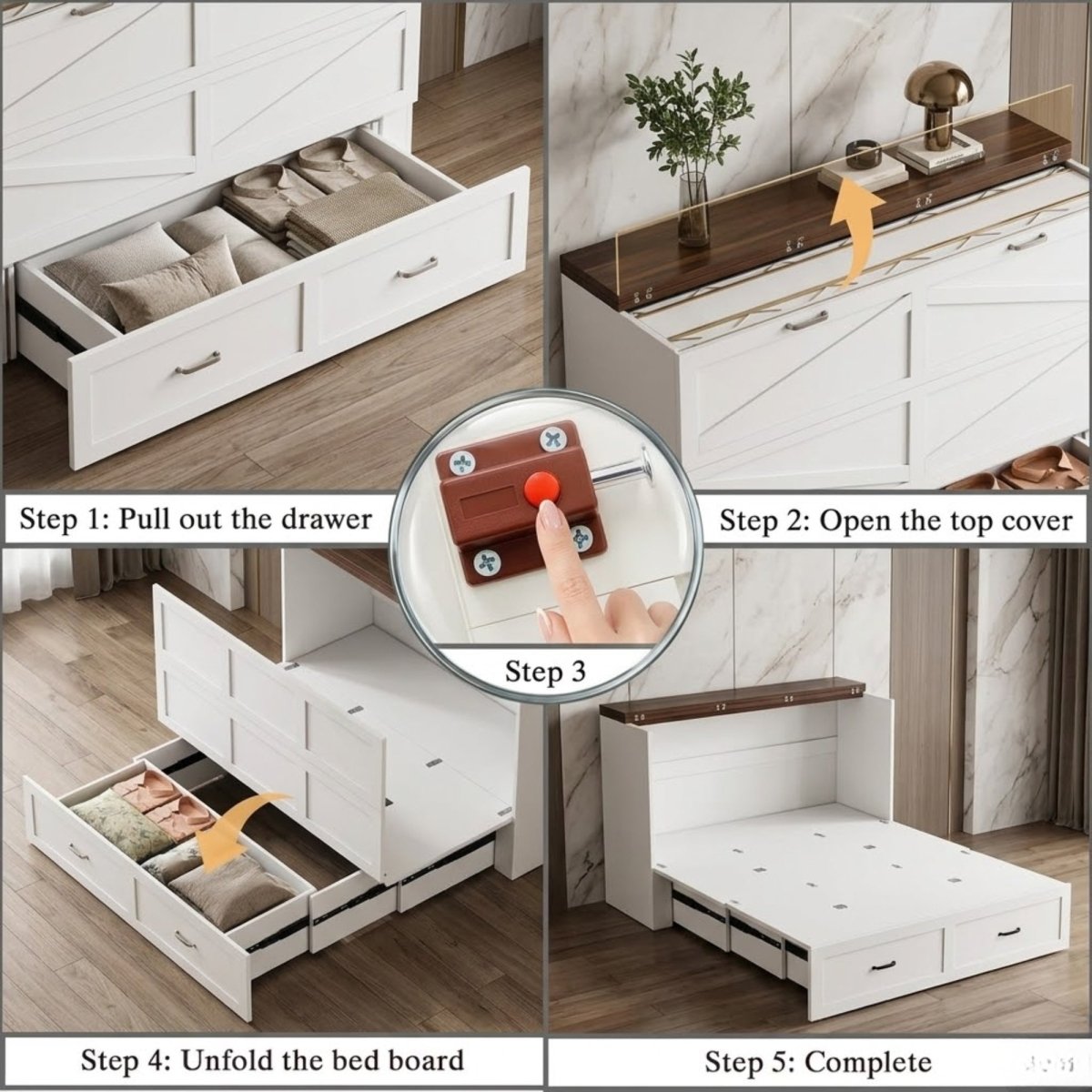 Large bottom wooden storage drawer of a white cabinet bed pulled open showing folded pillows and extra guest linens opening mechanism step by step.