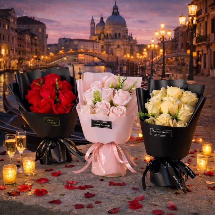 Three Kouvr forever rose bouquets in red, pink, and champagne, displayed in a romantic Venice canal setting with candles and champagne.
