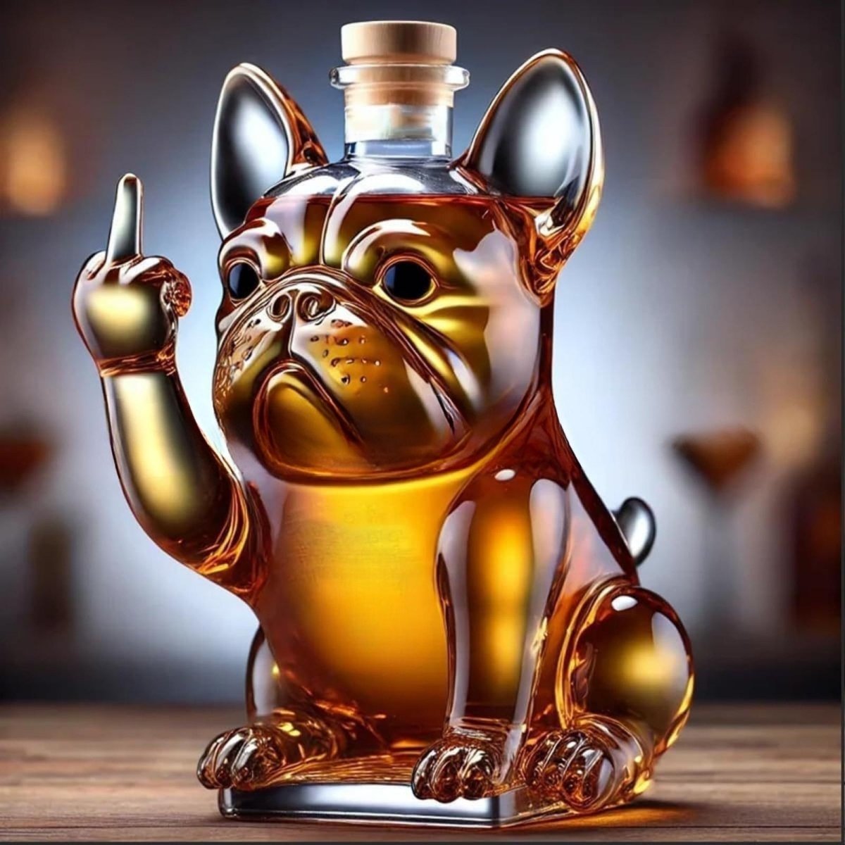 The Kouvr French Bulldog glass decanter sitting on a wooden home bar as a statement piece, filled with golden bourbon.