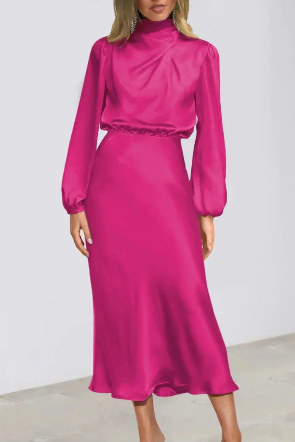 Fuchsia Satin Midi Dress High Neck Long Sleeve for Wedding Guest & Cocktail  | Draped Blouson Bodice A-Line Skirt | Kouvr Fashion