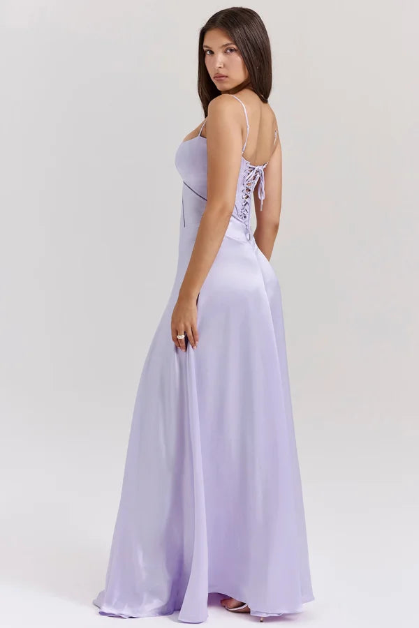 Kouvr Gabriella lilac satin corset maxi dress shown from the front on a model