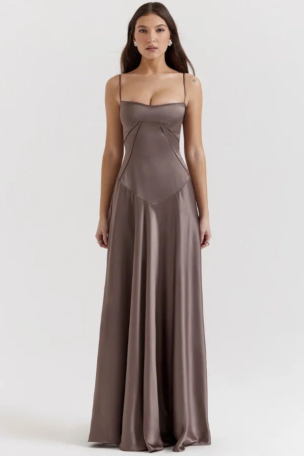 Mocha Satin Corset Maxi Dress | Lace-Up Back Formal Evening Gown