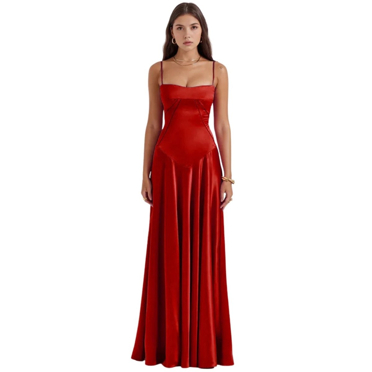 Model wearing the Gabriella Gown in red kouvr satin, a square neck maxi dress for formal events.