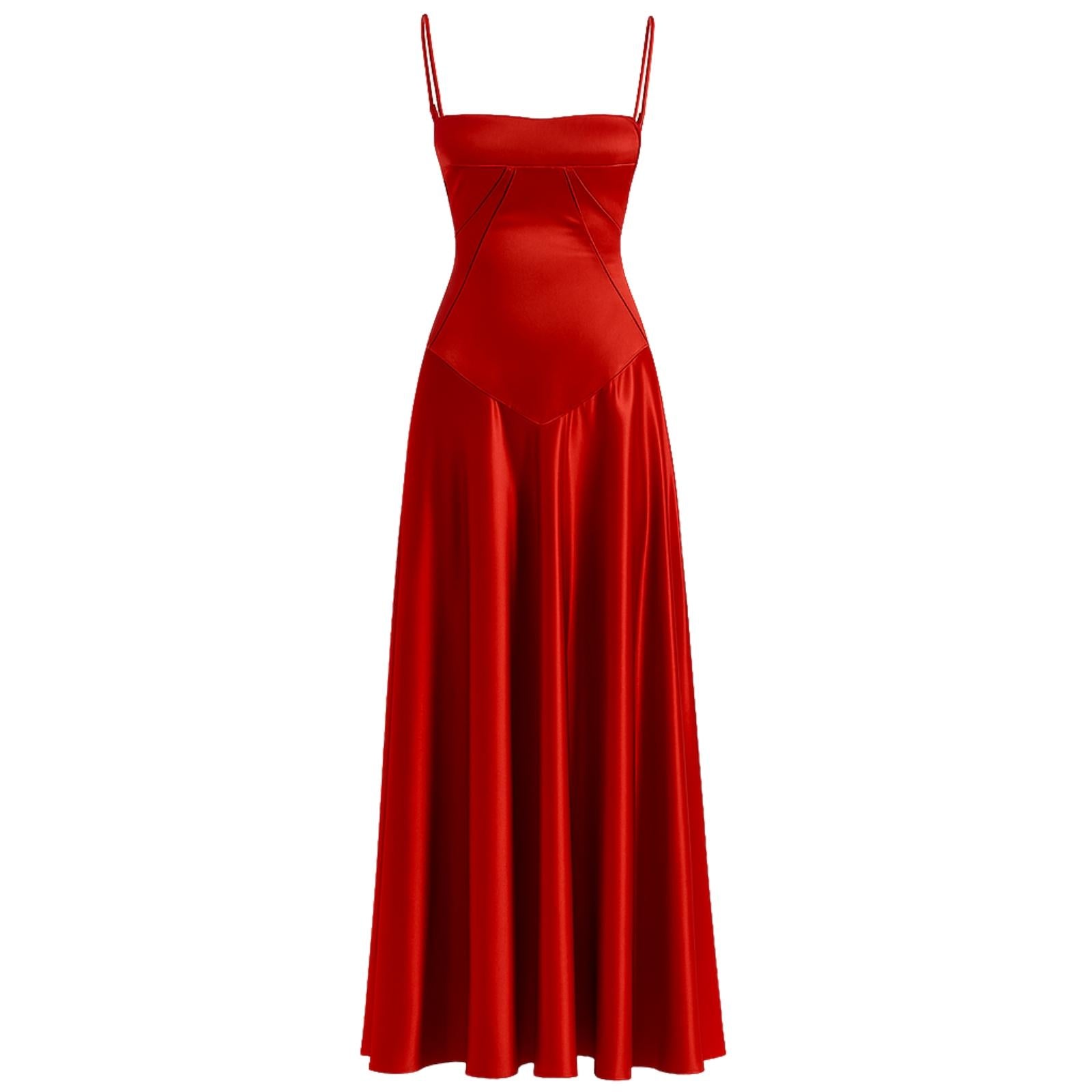Model wearing the Kouvr Fashion Gabriella Gown in red satin, a square neck maxi dress for formal events