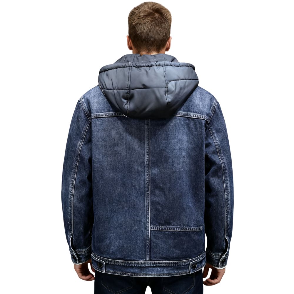 Blue kouvr denim jacket with a hood on a white background