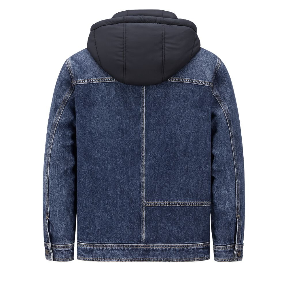 Blue kouvr denim jacket with black hood on a white background