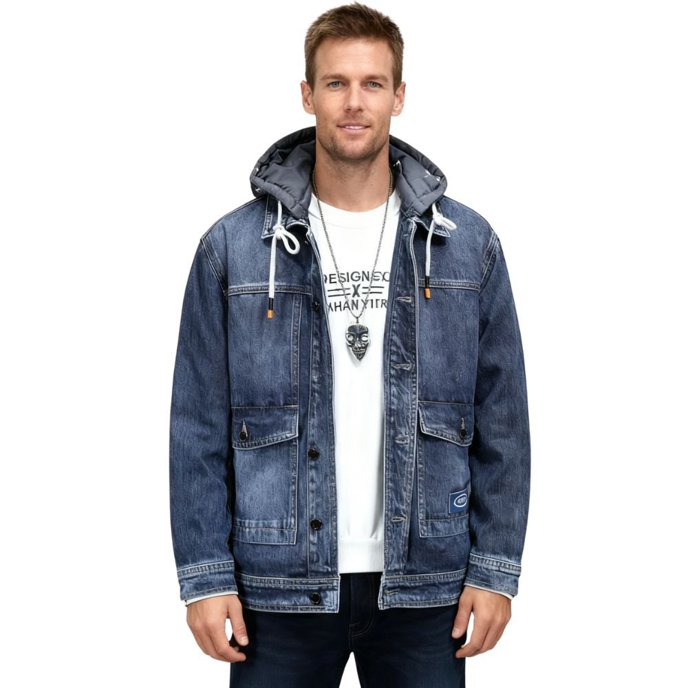 blue kouvr denim jacket with a hood on a white background