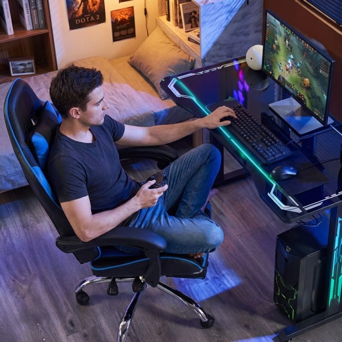 Man sitting comfortably in a blue and black Kouvr high-back ergonomic gaming chair at an illuminated gaming desk setup.