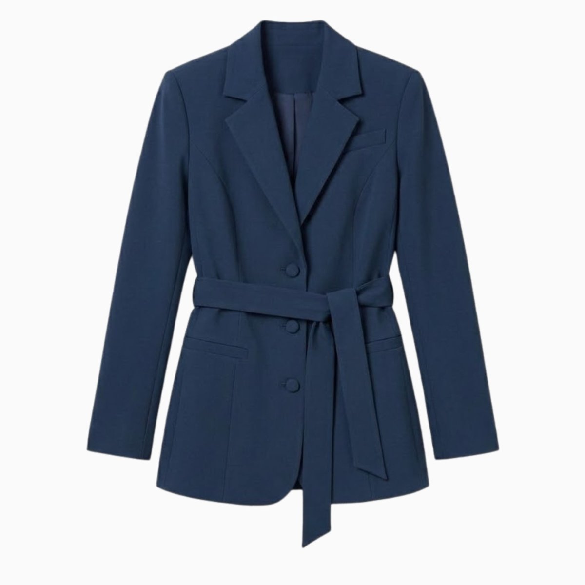 Flat lay product shot of the front of the Kouvr Gemma single-breasted belted blazer in blue.