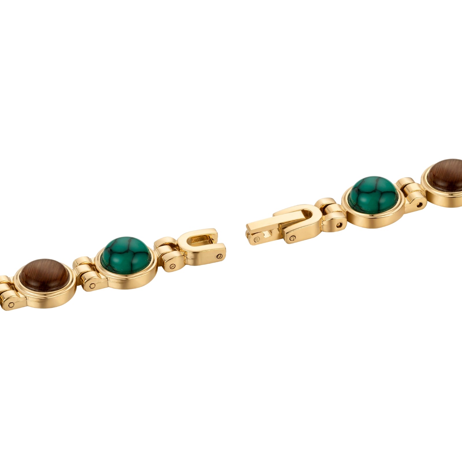 Gold kouvr bracelet with green and brown gemstones on a white background