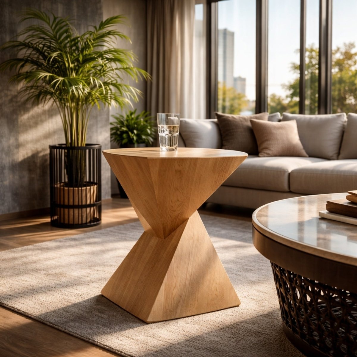 A light wood finish sculptural side table with a glass of water on it, positioned on a beige rug next to a modern grey sofa in a sunlit room with large windows.