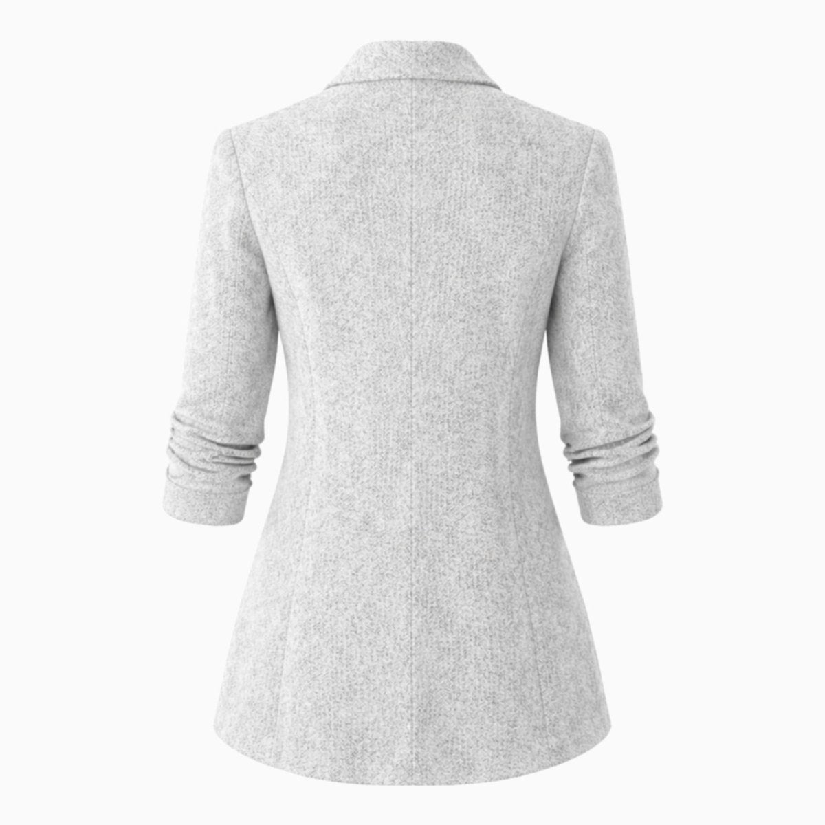 Back view of the light grey Kouvr Geraldine Knit Blazer laid flat, displaying the construction and full length.