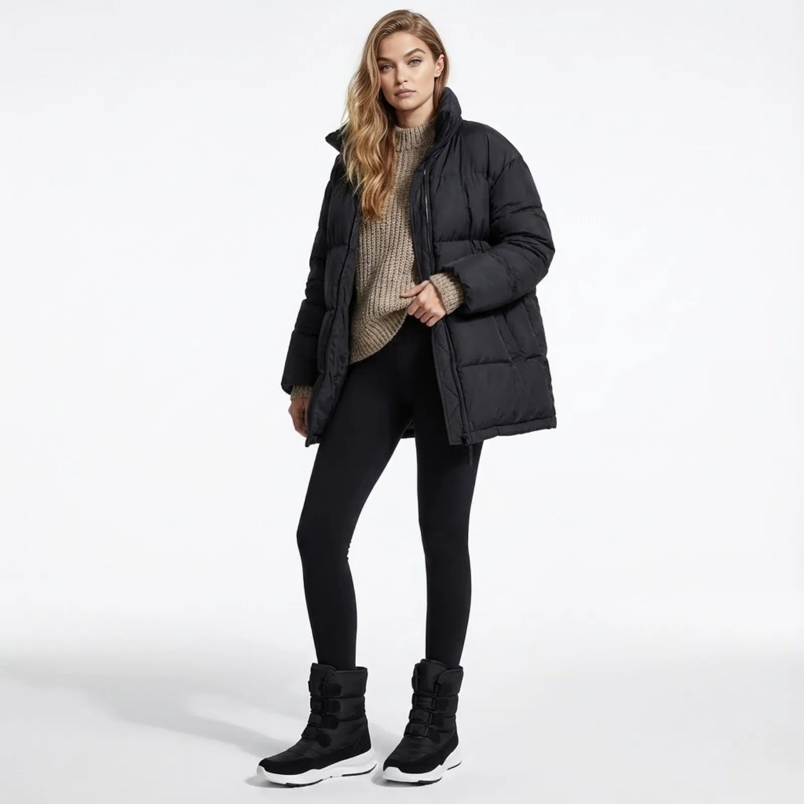 Model wearing Kouvr Gianna black puffer winter boots with a white sole, styled with black leggings and a beige knit sweater on a white background.