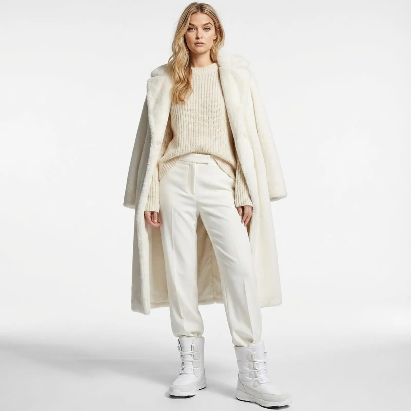 Model wearing Kouvr giannawhite puffer snow boots as part of a luxurious all-white monochromatic winter outfit with a cream sweater and white coat.