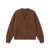 Flat lay product shot of the Kouvr Gina V-neck cardigan in brown, showing the soft, fuzzy texture of the alpaca blend knit and button details.