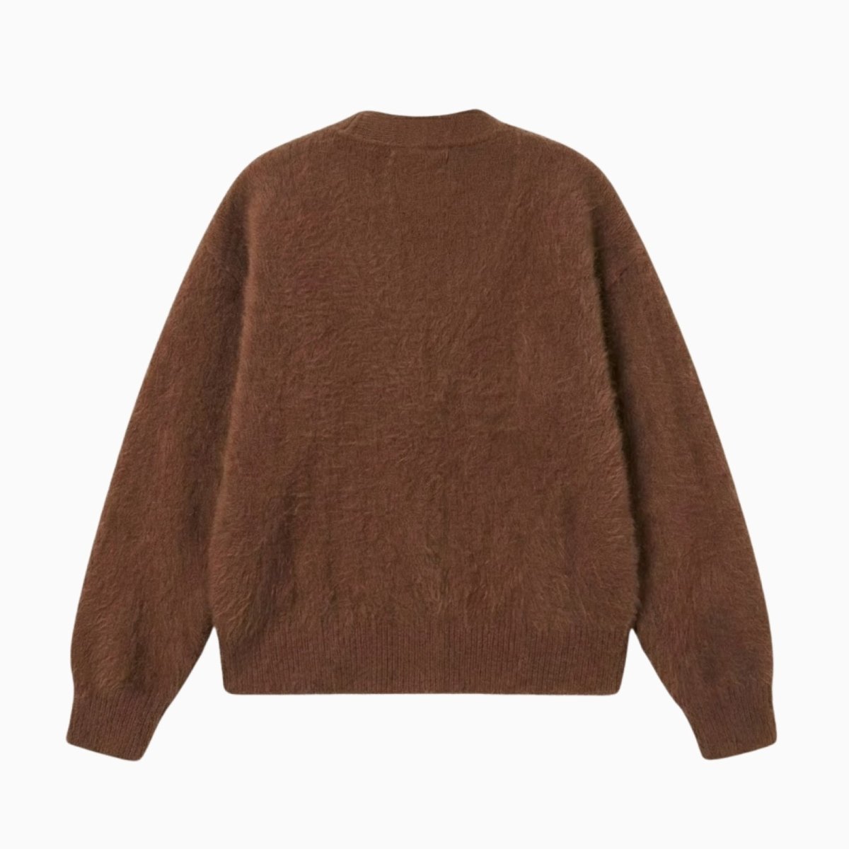 Flat lay product shot of the Kouvr Gina V-neck cardigan in brown, showing the soft, fuzzy texture of the alpaca blend knit and button details.
