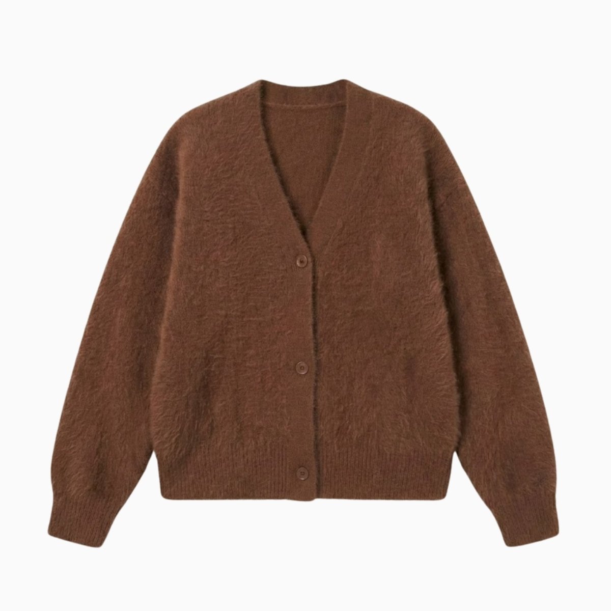 Flat lay product shot of the Kouvr Gina V-neck cardigan in brown, showing the soft, fuzzy texture of the alpaca blend knit and button details.