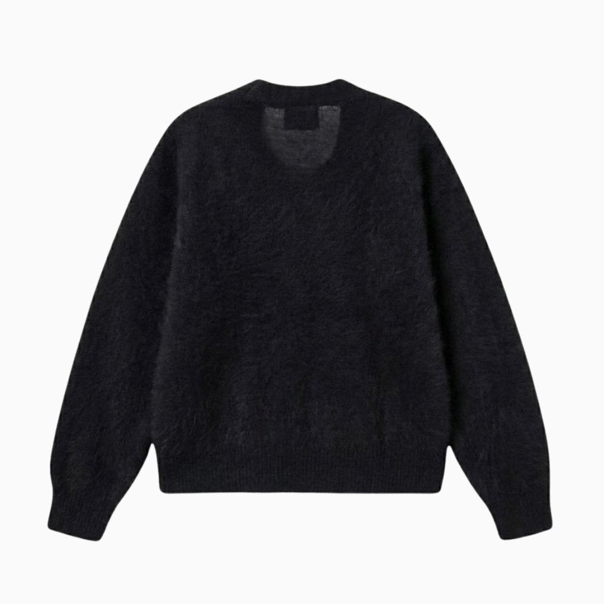 Back view flat lay of the Kouvr Gina luxury knit cardigan in black, displaying the clean lines and quality of the fuzzy knit sweater.