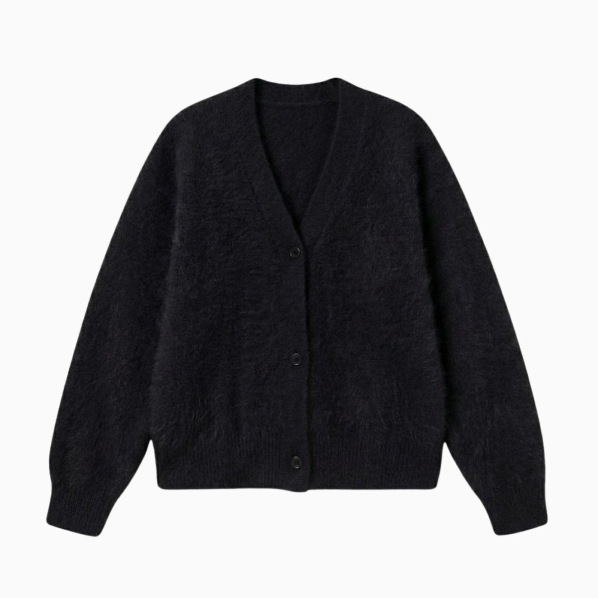 Flat lay of the black fuzzy V-neck cardigan for women, showing the button front, V-neckline, and soft, textured mohair and alpaca knit fabric.