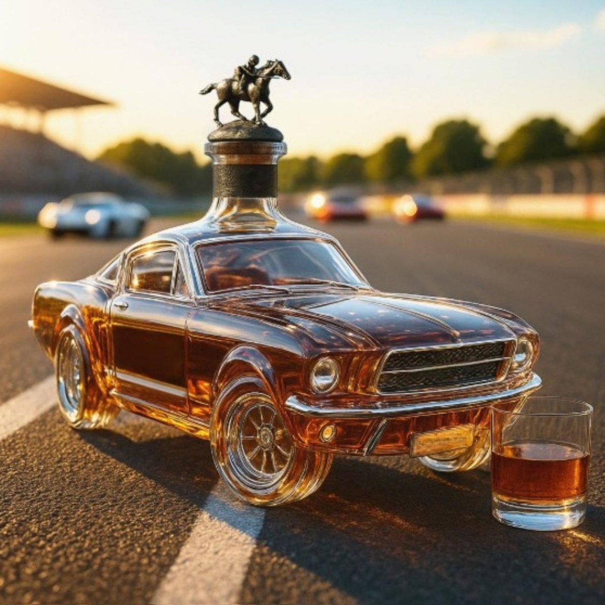 A handcrafted glass whiskey decanter in the shape of a classic Ford Mustang filled with bourbon, sitting on a racetrack with a whiskey glass nearby.