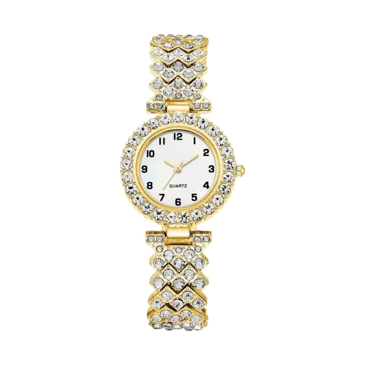 Kouvr Maya women's watch and matching heart bracelet set in gold with pavé-set crystals on a white background.