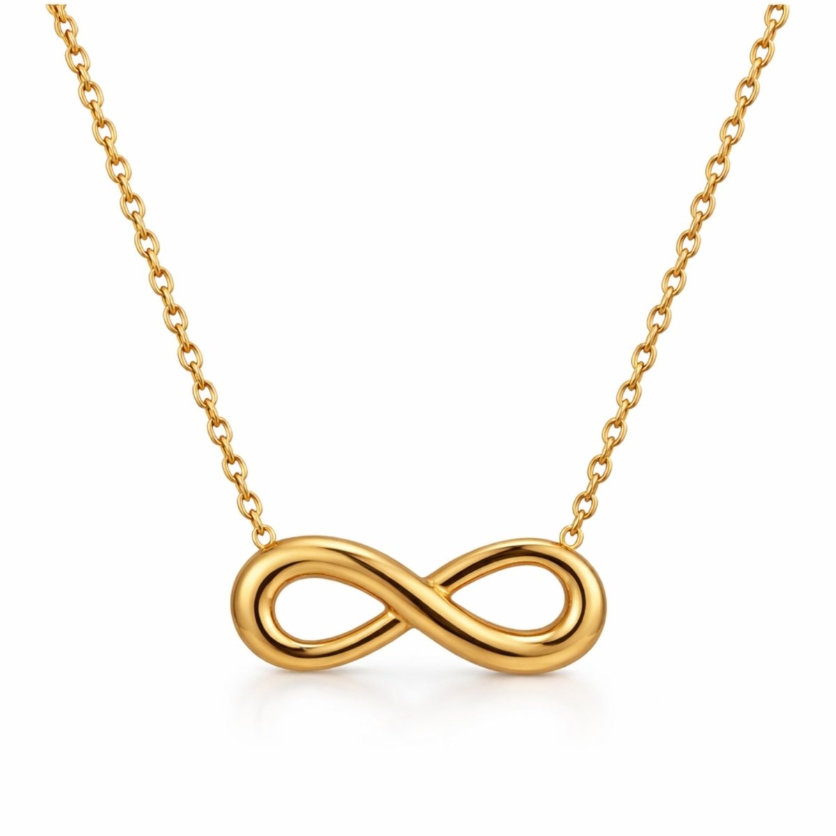 Kouvr gold infinity necklace with a dainty chain on a white background, showcasing its polished finish.