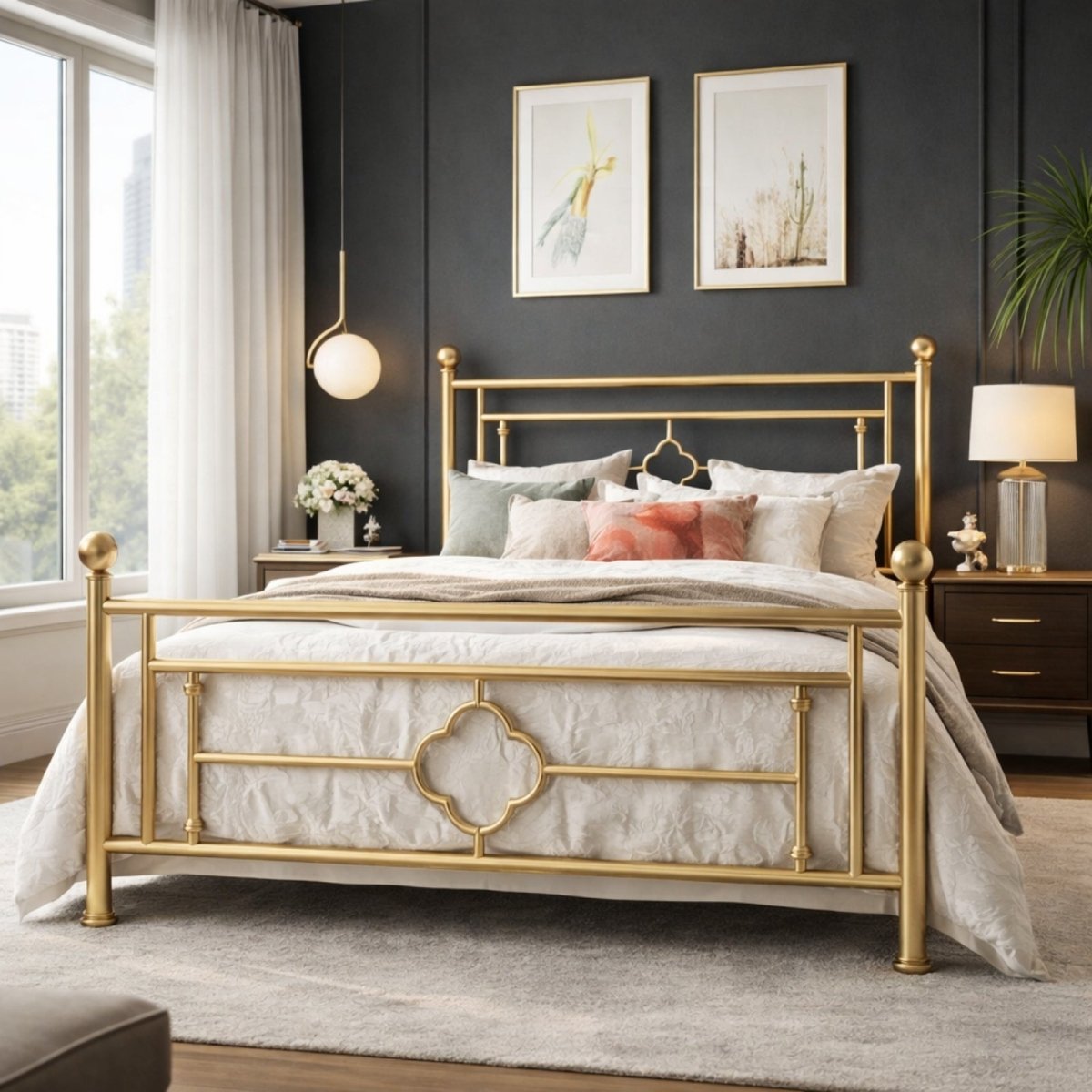 Queen size gold vintage metal bed frame by Kouvr in a modern bedroom with a dark charcoal wall, modern art, and a large window.