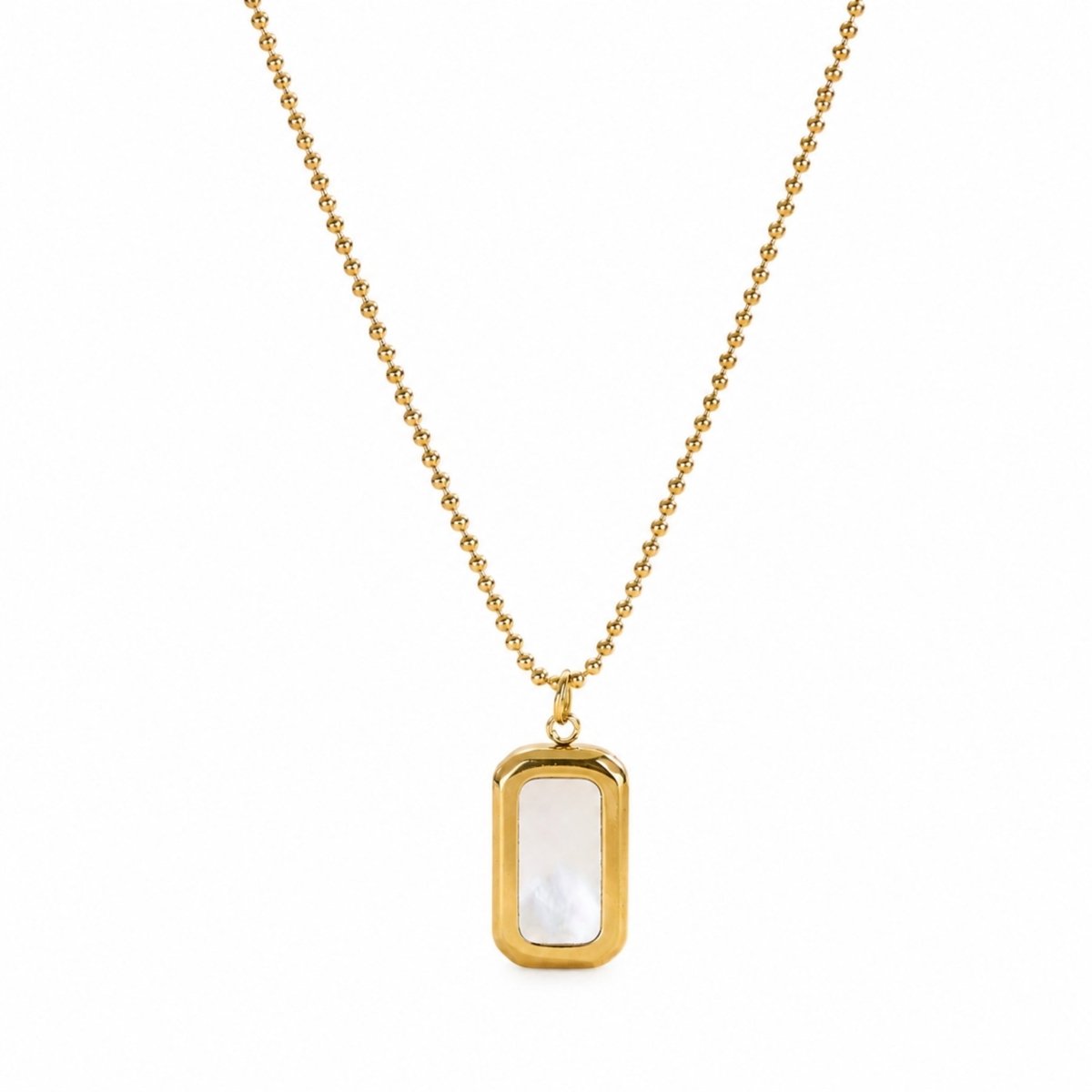 Minimalist gold ball chain necklace with rectangular mother of pearl pendant by Kouvr