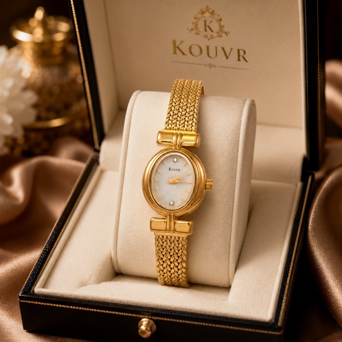 Luxury Kouvr women's gold oval dress watch with mother of pearl dial resting in a premium velvet-lined presentation box