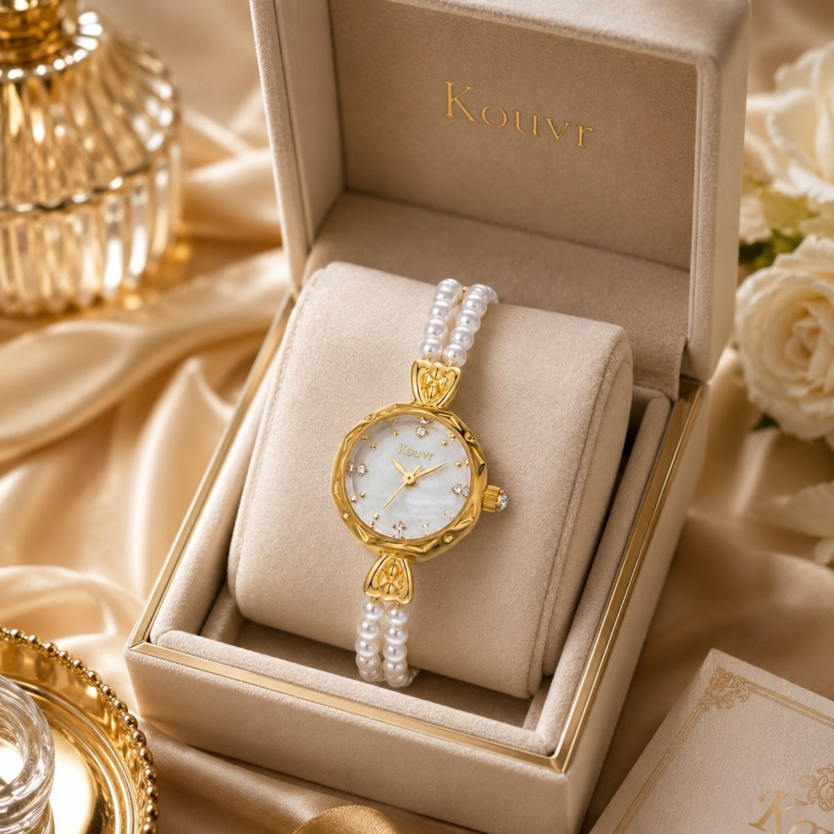 Kouvr elegant gold pearl women's watch displayed inside a luxury beige velvet presentation gift box.