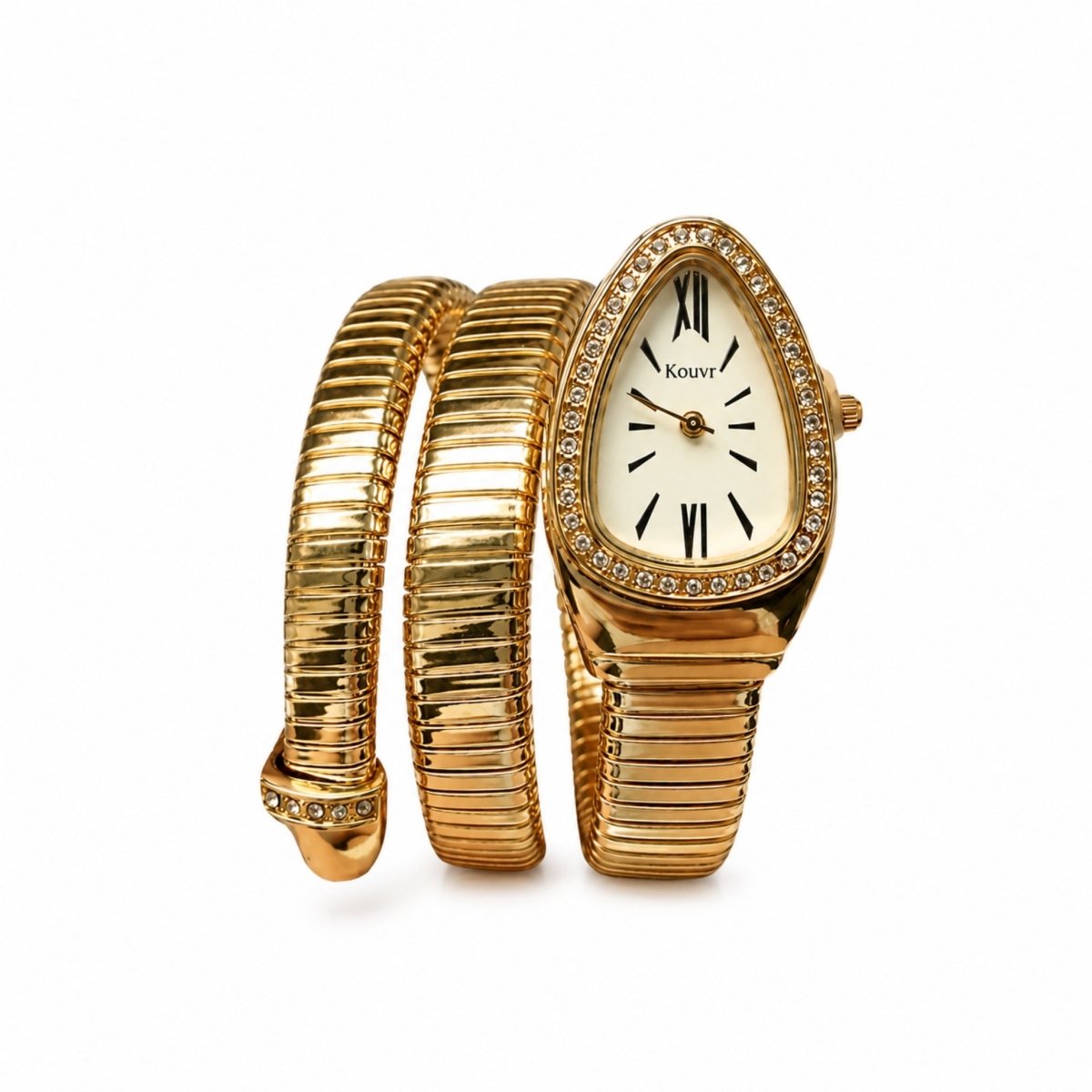 Kouvr women's luxury gold snake wrap watch featuring a teardrop dial with crystal bezel and flexible coil bracelet.