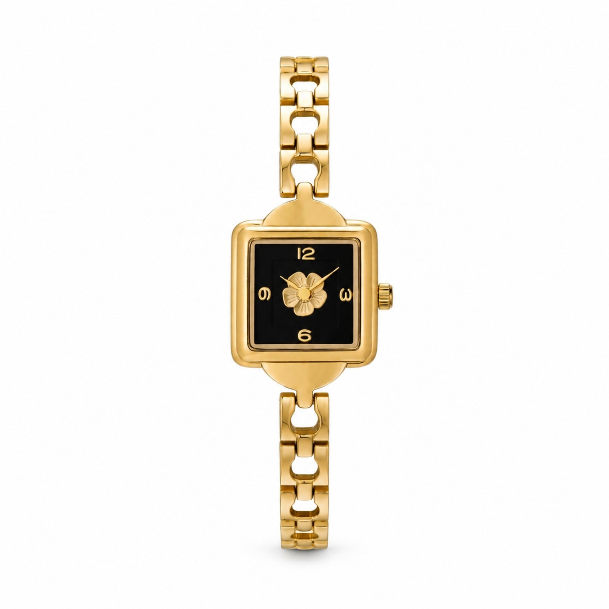 Front view of Kouvr women's gold watch highlighting the black dial, gold flower center, and numeric markers