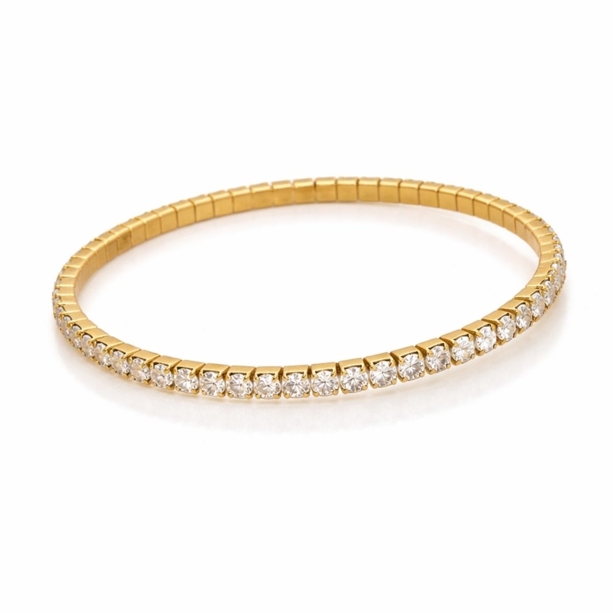 Kouvr 3mm gold stretch tennis bracelet with round cut stones on a clean white background with reflection.