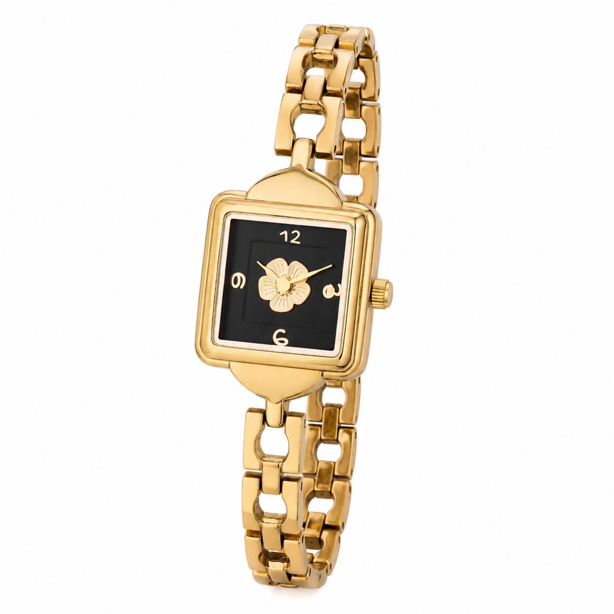 Angled view of Kouvr gold square watch showing the slim stainless steel case profile and polished chain links