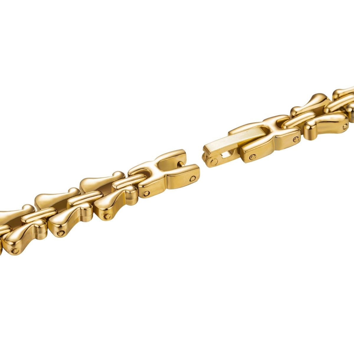 Gold kouvr chain bracelet on a white background