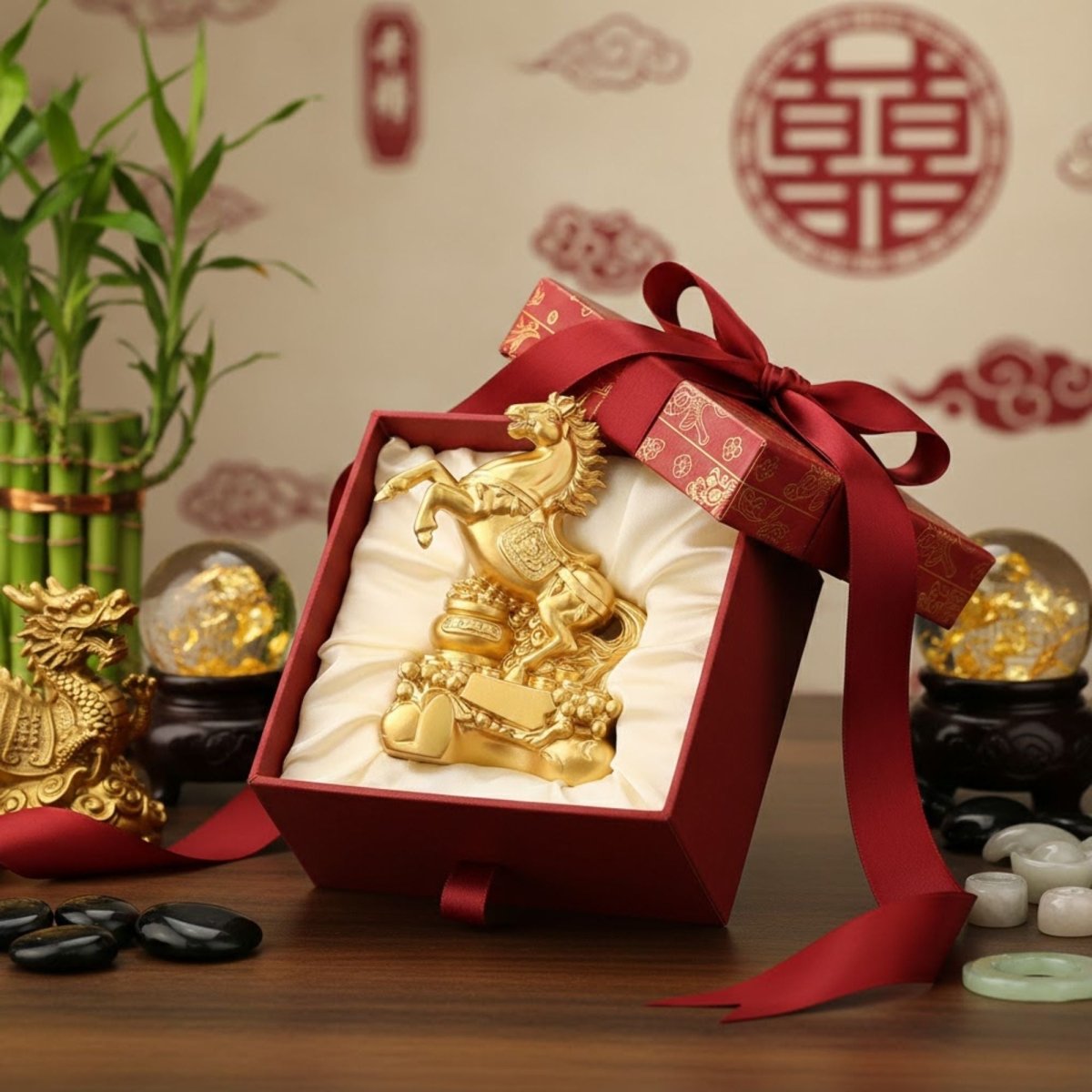 Golden Fengshui Fire horse statue in red gift box packaged well in luxurious setting.