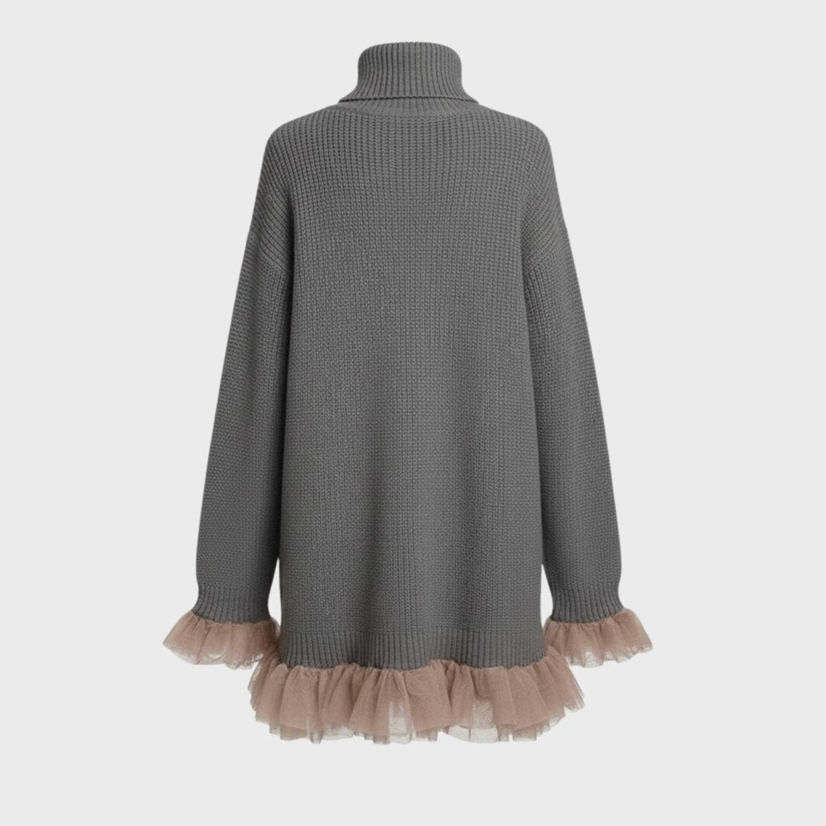 Flatlay of the back of the Kouvr Graceila grey knit mini dress, displaying the full silhouette and ruffle details.