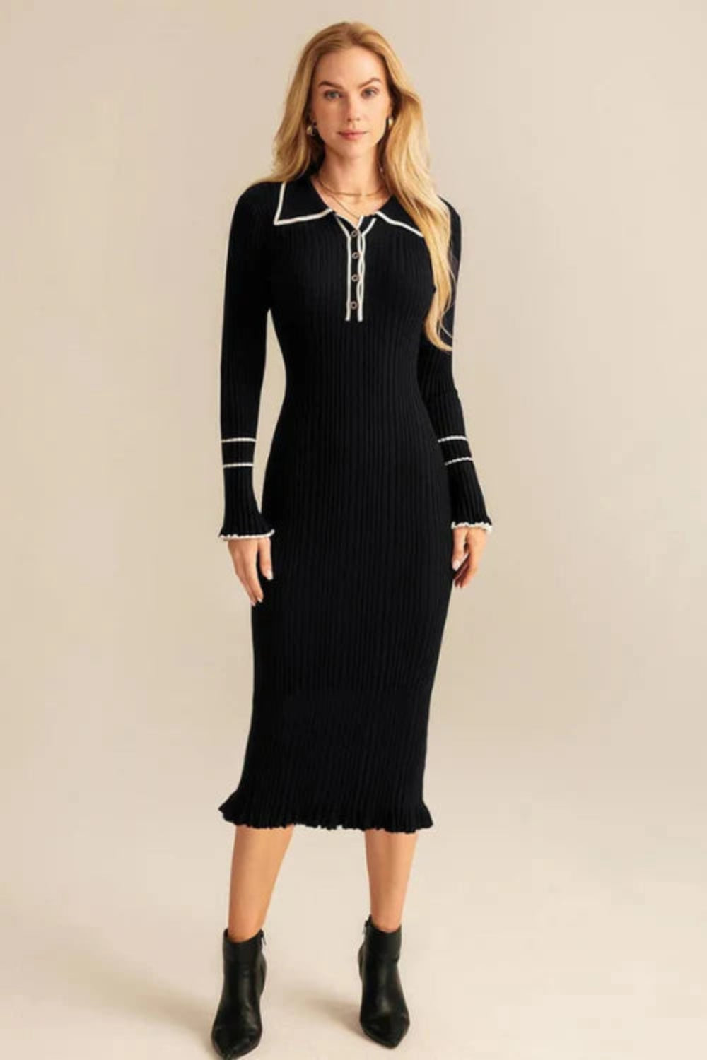 knee length dresses for ladies Black Ribbed Knit Midi Dress | Long Sleeve Collared Polo Sweater Dress for  Work & Evening | Bodycon Fit with Contrast Ruffle Trim