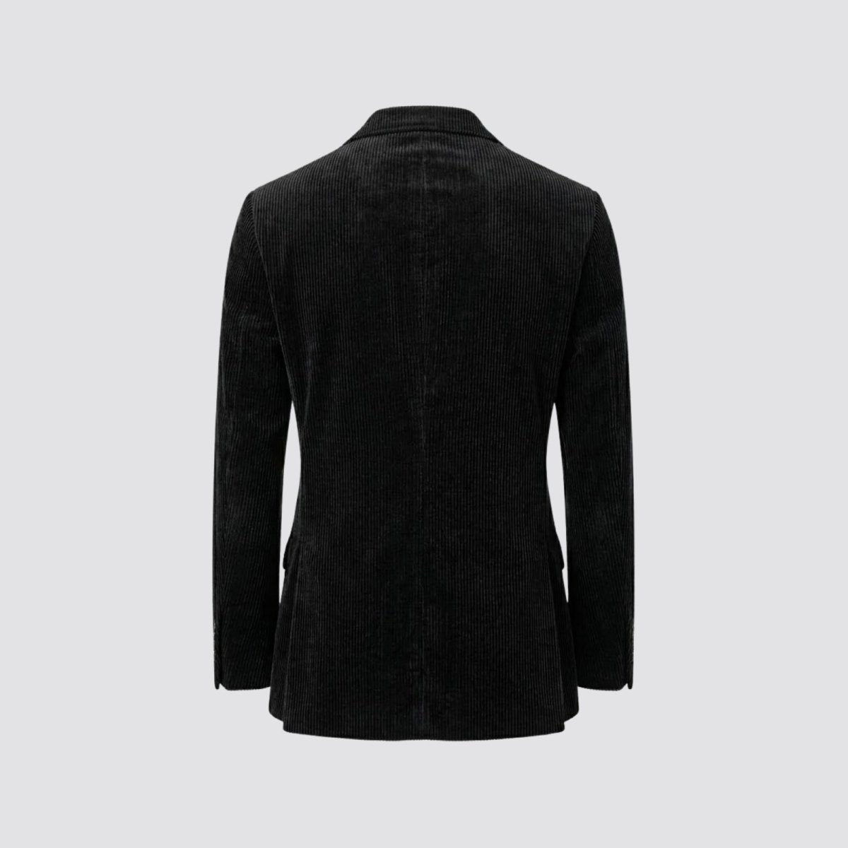 Flat lay back view of the Kouvr Grady black corduroy blazer, displaying the quality construction and center seam detail.
