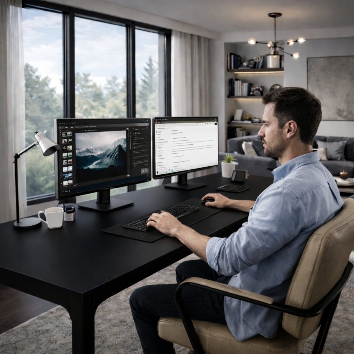 A man working at the Kouvr Grande executive desk in black, using a dual-monitor setup in a sophisticated living room and home office space.